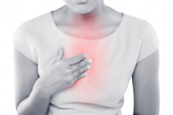 Woman suffering from acid reflux or heartburn