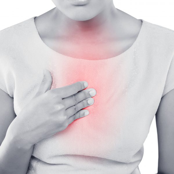 Woman suffering from acid reflux or heartburn