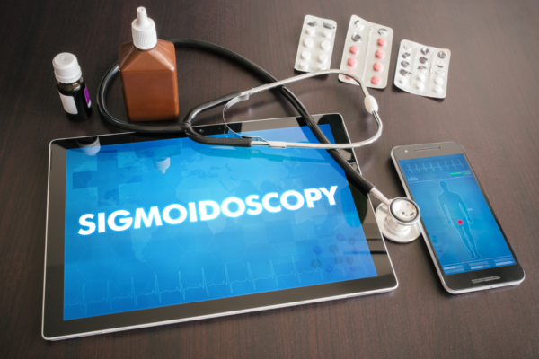 Sigmoidoscopy (gastrointestinal disease related) diagnosis medical concept on tablet screen with stethoscope.