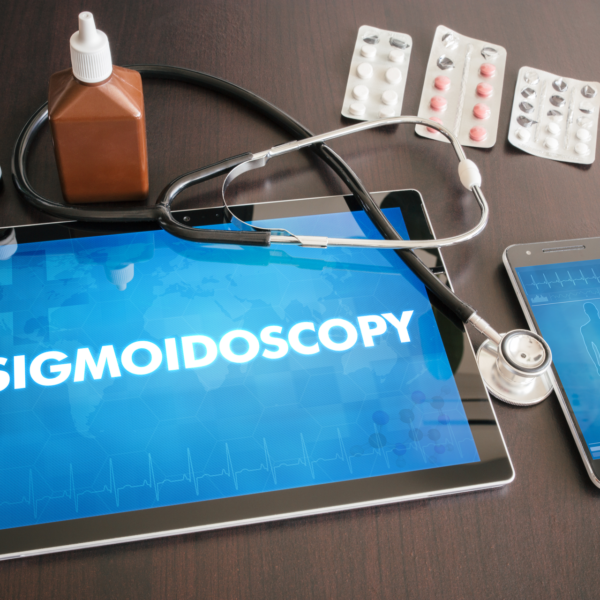 Sigmoidoscopy (gastrointestinal disease related) diagnosis medical concept on tablet screen with stethoscope.